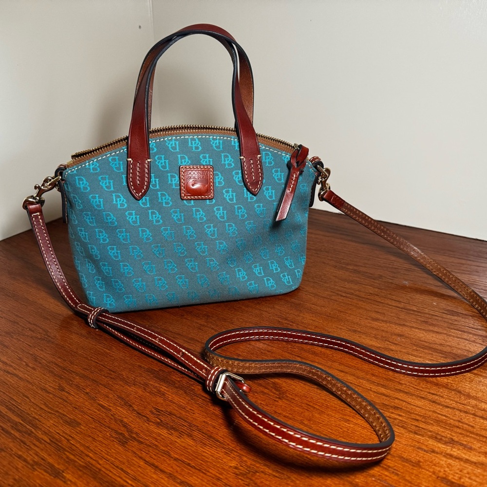 Dooney & Bourke Ruby Signature Canvas Mini Satchel Leather Trim Teal Brown